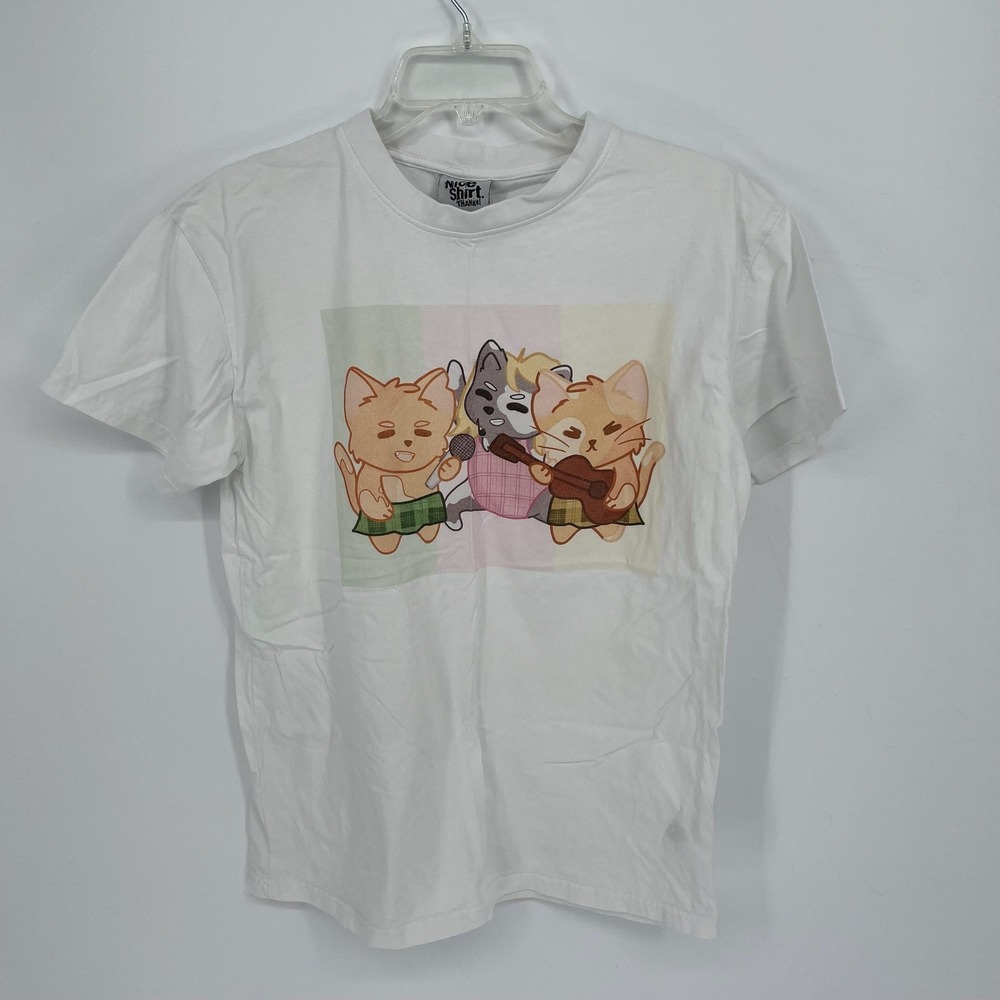 Nice Shirt Thanks Unisex White Anime Cat‎ Band Graphic Tee Shirt Size M